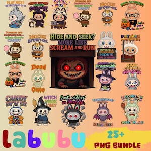Labubu Halloween PNG Bundle, Cute Labubu Clipart, Funny Spooky School PNG, Digital Download for Sublimation & Crafts