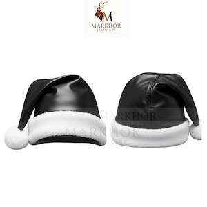 Premium Black Leather Santa Hat with White sheep Fur-Black Leather & Fur Christmas Cosplay-Accessory-Black Holiday Cap for Winter Wear-