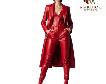 Red Leather Trench Coat & Jumpsuit Set - Women's Fashion Outfit