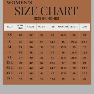 May include: A size chart for women's clothing, displaying measurements in inches. The chart includes sizes XS to 5XL, with corresponding body, chest, waist, hip, shoulder, length, and arm measurements. The text "WOMEN'S SIZE CHART" is at the top.