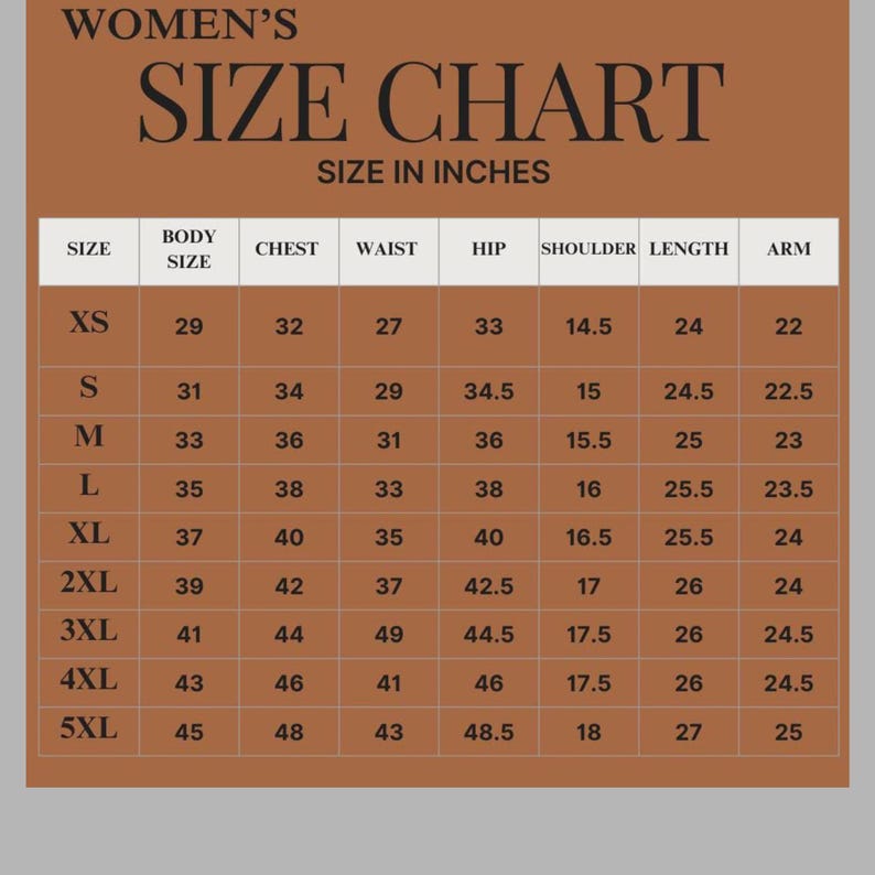 May include: A size chart for women's clothing, displaying measurements in inches. The chart includes sizes XS to 5XL, with corresponding body, chest, waist, hip, shoulder, length, and arm measurements. The text "WOMEN'S SIZE CHART" is at the top.