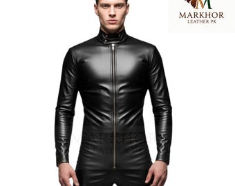 May include: Black leather jacket with a stand-up collar and a full-length zipper. The jacket has long sleeves and is paired with matching black leather pants. The logo "MARKHOR LEATHER PK" is visible in the upper right corner.