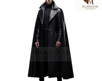 Gothic Black Leather Cloak: Shadow Sovereign Cape Trench