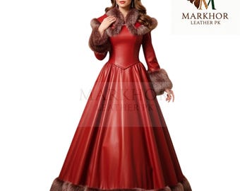 Red Leather Gown with Fur Trim, Gothic Steampunk Queen Dress