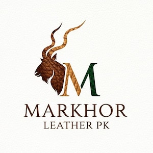 May include: Logo featuring a Markhor animal head with textured brown fur and curved horns. The letter "M" is in the center, with a textured brown and green design. The text "MARKHOR LEATHER PK" is below in a brown serif font.