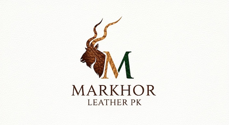 May include: Logo featuring a Markhor animal head with textured brown fur and curved horns. The letter "M" is in the center, with a textured brown and green design. The text "MARKHOR LEATHER PK" is below in a brown serif font.