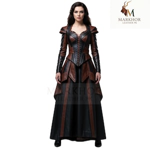 Shadow Sovereign Corset Dress Gothic Elegance in Brown & Black Leather-Thorn Queen Corset Dress Gothic Majesty in Brown  Black Leather-