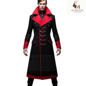 Crimson Command Gothic Warrior Long Coat-Long Leather Coat for Dark Fantasy Warriors-Leather Long Coat for Bold Streetwear Statements-