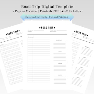 Road Trip Digital Template – 1 Page, 10 Designs Included | Fillable & Printable Daily Travel Itinerary |Ready to Print PDF A4 and US Letter