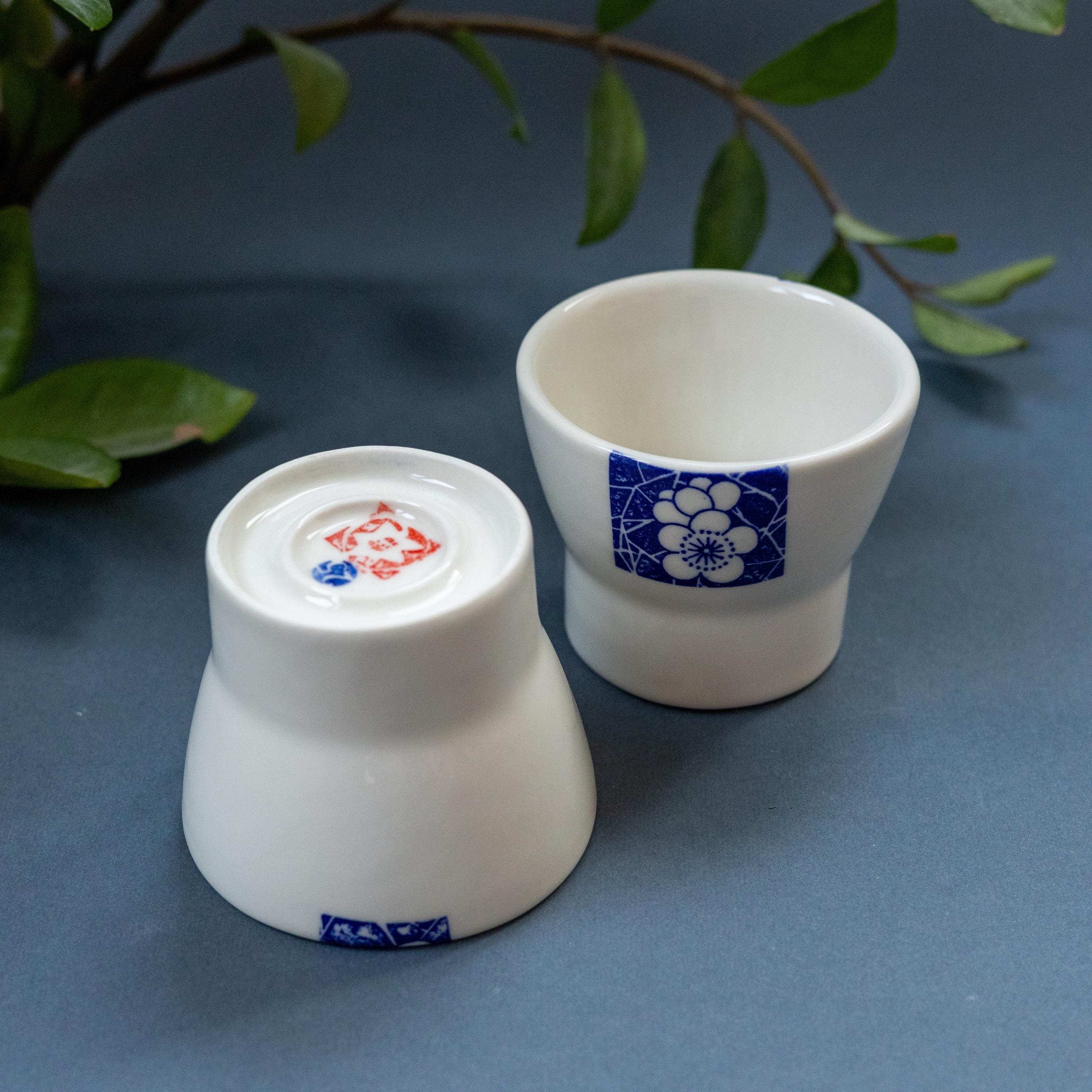 Handmade Porcelain Cups Set of 2 – Japanese Modernist Minimalist Floral Ceramic Tea & Coffee Mugs – Unique Drinkware Gift