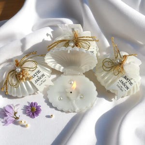 Handmade Ocean Theme Beach Wedding Pearl and Sea Shell Candle Favors for Guests, Pearl Candle Favor Decorated with Flower, Thank You Favors