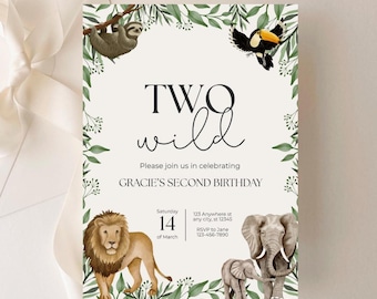Two Wild、2歳の誕生日招待状、編集可能なテンプレート、サファリジャングルテーマ、2歳の誕生日招待状
