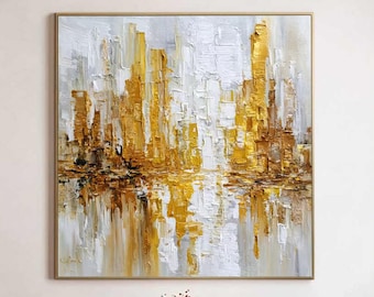 Pintura de paisaje urbano texturizado en blanco y dorado, lienzo abstracto de gran tamaño