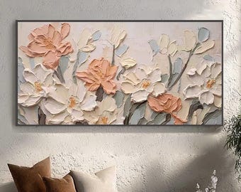 Textured 3D Floral Oil Painting, Impasto Flower Wall Art, Japandi Decor