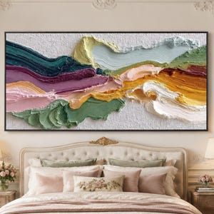 Thick Impasto Abstract Painting, Colorful Textured 3D Wall Art, Modern Minimalist Decor For Living Room, Large Horizontal Canvas Artwork