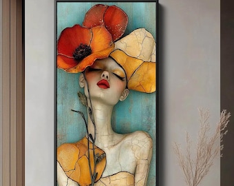 Ritratto di donna strutturato, arte surreale del papavero, pittura figurativa
