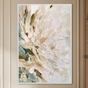 Beige Abstract Flower Oil Painting, 3D Textured Floral Wall Art, Large Impasto Canvas, Minimalist Sage Green Art, Neutral Living Room Decor