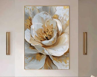 White and Gold Flower Painting, 3D Textured Wall Art, Large Floral Impasto Painting, Original Abstract Art for Modern Living Room Decor