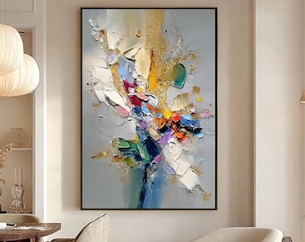 Grande peinture abstraite texturée, toile florale à la feuille d'or, oeuvre d'art murale au couteau