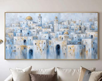 Gran pintura al óleo abstracta de paisaje urbano, arte mural con textura urbana azul.
