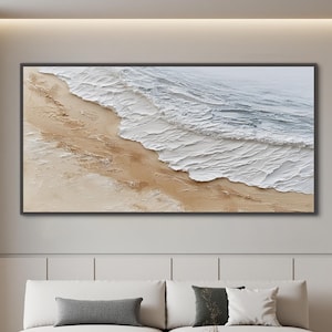 Abstract Minimalist Ocean Waves Oil Painting On Canvas, Large Coastal Wall Art, Impasto Textured Beach Painting, Neutral Living Room Decor