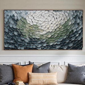 Textured Abstract Flower Painting on Canvas, Minimalist Wall Art, White Green Blossom Art, Palette Knife Acrylic Painting, Modern Home Decor
