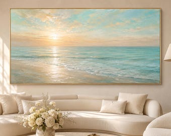 Hand-Painted Oil Painting: Textured Ocean Sunset Wall Art, Palette Knife Technique