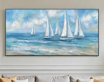 Abstract Sailboat Oil Painting on Canvas, Large Blue Seascape Wall Art
