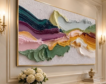 Dipinto astratto a impasto spesso, opera d'arte murale 3D colorata e materica, arredamento moderno e minimalista per il soggiorno, grande opera d'arte su tela orizzontale