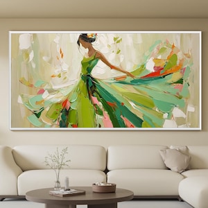 Elegant Woman Painting in Green Dress, Abstract Portrait Painting, Large Canvas Wall Art, Modern Palette Knife Impasto Art,Living Room Decor