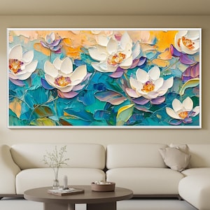 White Textured Water Lily Painting On Canvas, 3D Impasto Floral Art, Large Wall Art, Modern Abstract Lotus Flower Painting,Living Room Decor