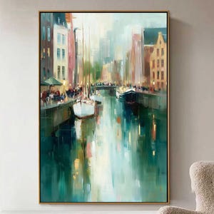Abstract Urban Canal Oil Painting On Canvas, Large Modern Wall Art, Impressionist City Harbor Painting, Waterfront Home Decor, Boat Painting