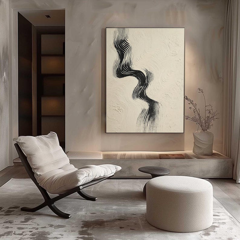 Textured Abstract Wavy Line Painting, Large Black White Canvas Art ...