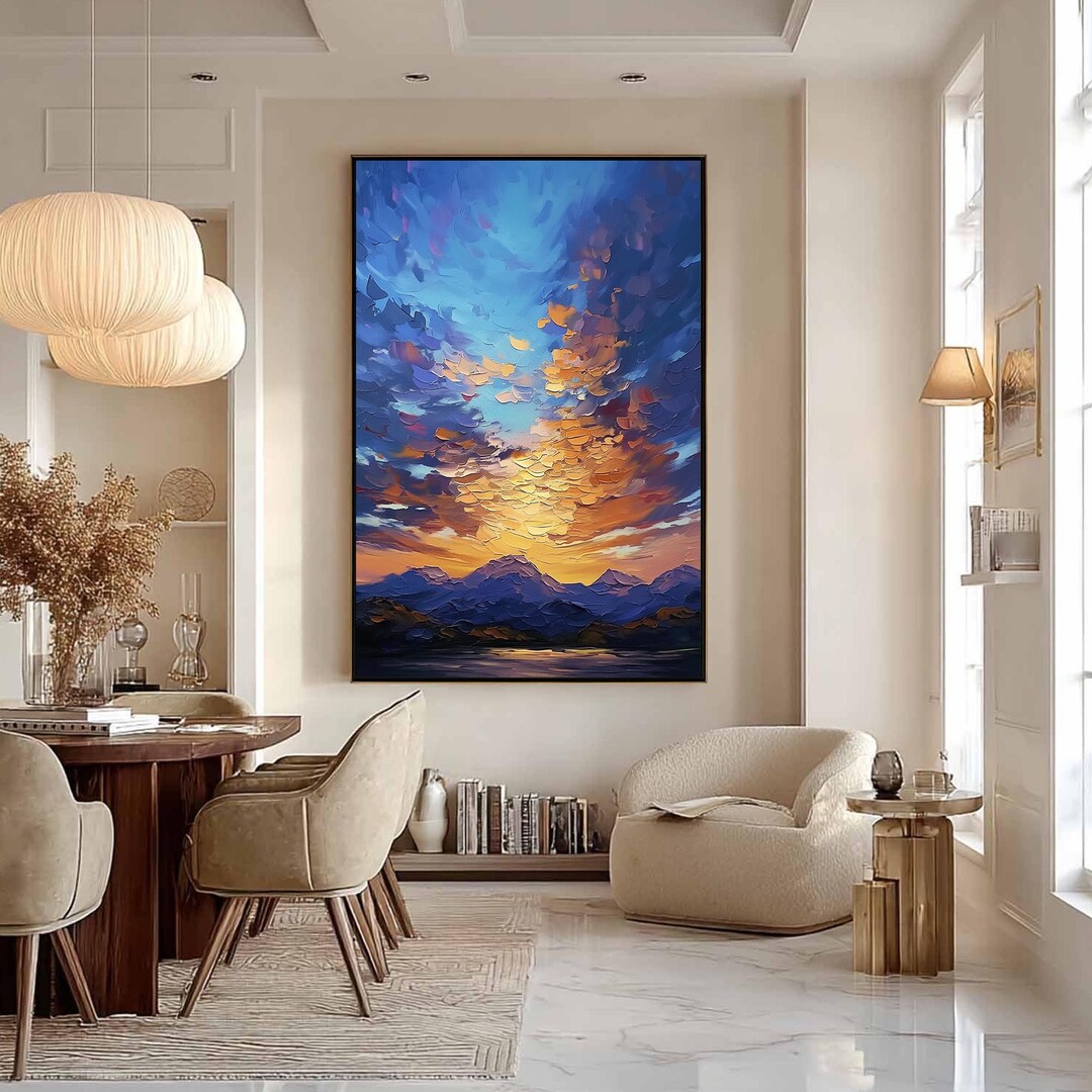 Textured Mountain Sunset Oil Painting on Canvas, Abstract Skies, Large ...