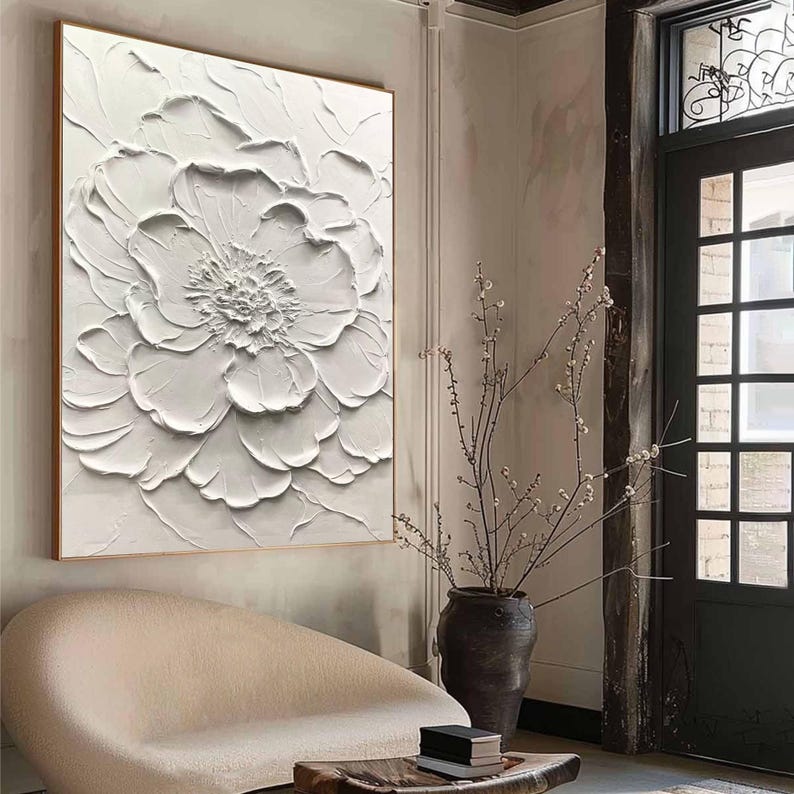 Large Original 3D Flower Oil Painting on Canvas, White Canvas Wall Art ...