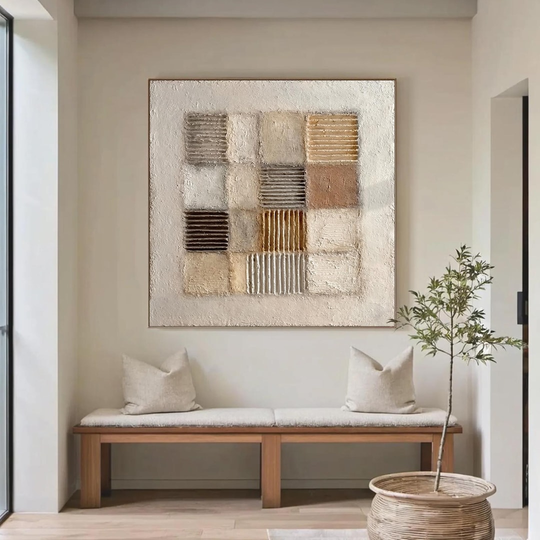 Textured Abstract Painting on Canvas, Geometric Earth Tones, Modern Art ...