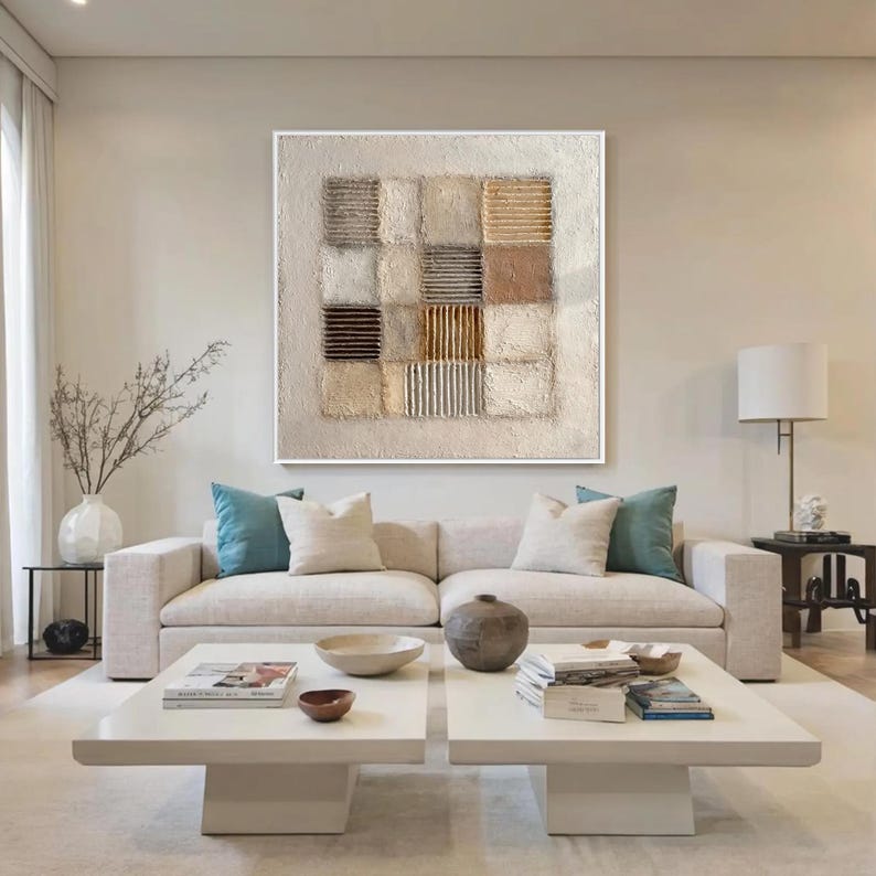 Textured Abstract Painting on Canvas, Geometric Earth Tones, Modern Art ...