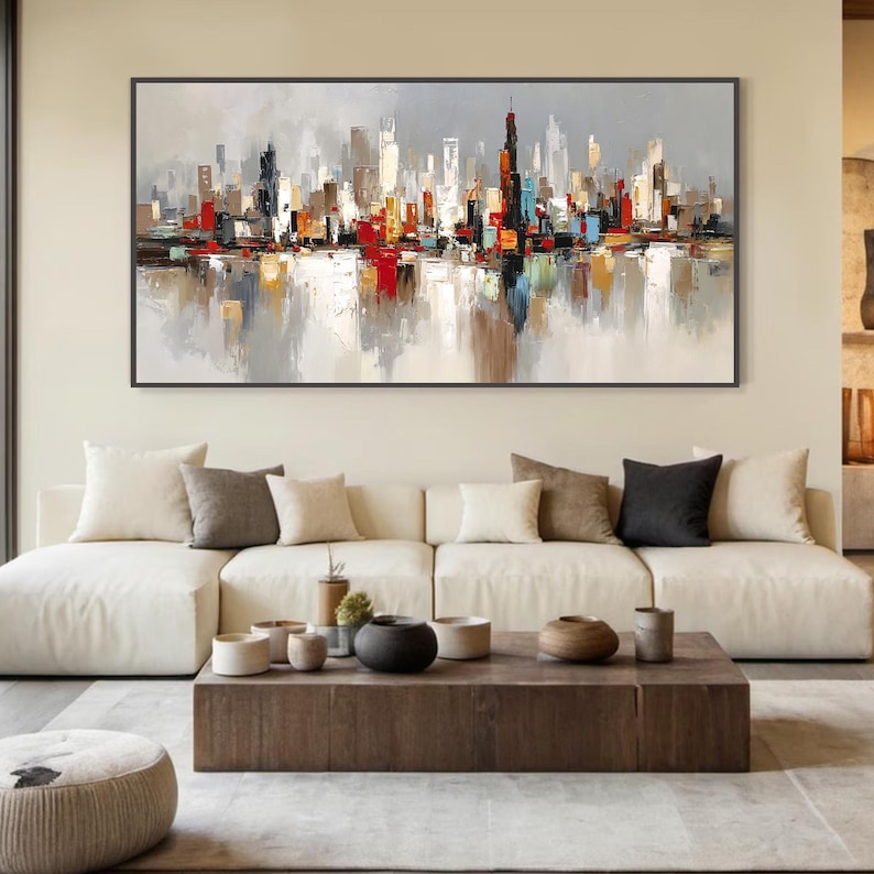 Large Abstract Cityscape Painting on Canvas, Textured Skyline Wall Art ...
