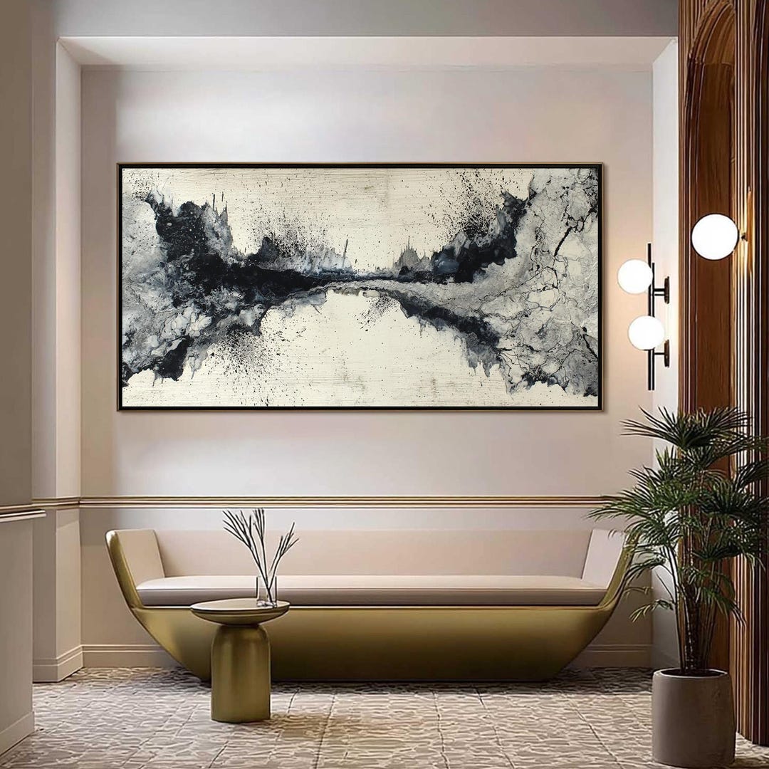 Textured Black and White Abstract Oil Painting, Modern Minimalist Wall ...