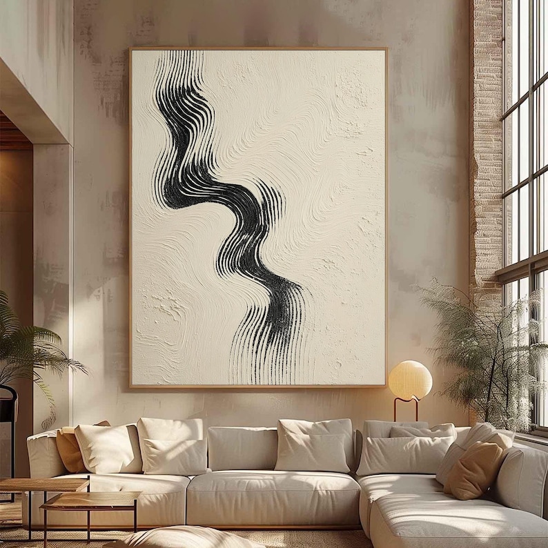 Textured Abstract Wavy Line Painting, Large Black White Canvas Art ...