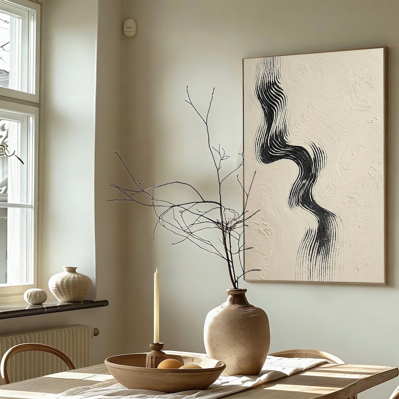 Textured Abstract Wavy Line Painting, Large Black White Canvas Art ...