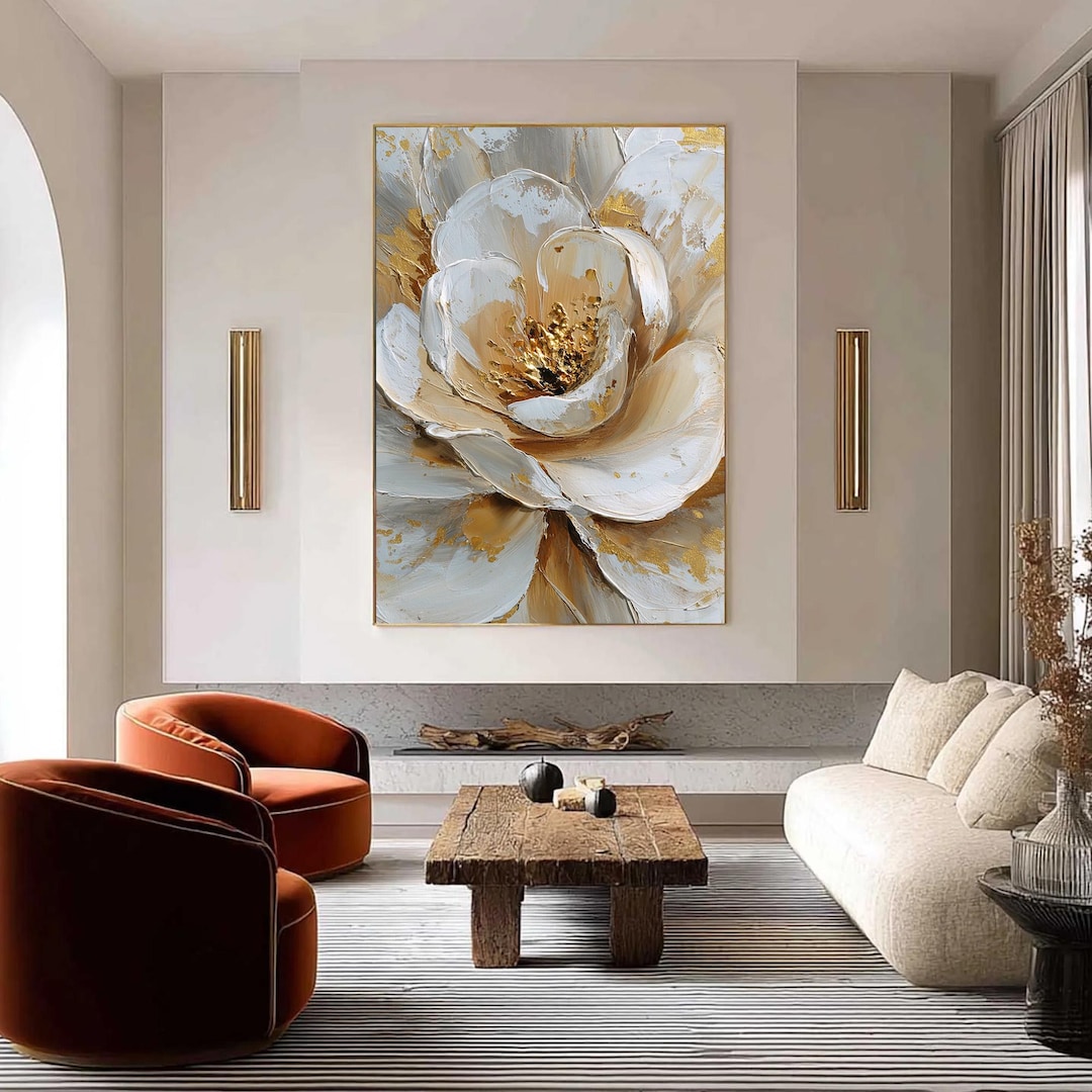 White and Gold Flower Painting, 3D Textured Wall Art, Large Floral ...