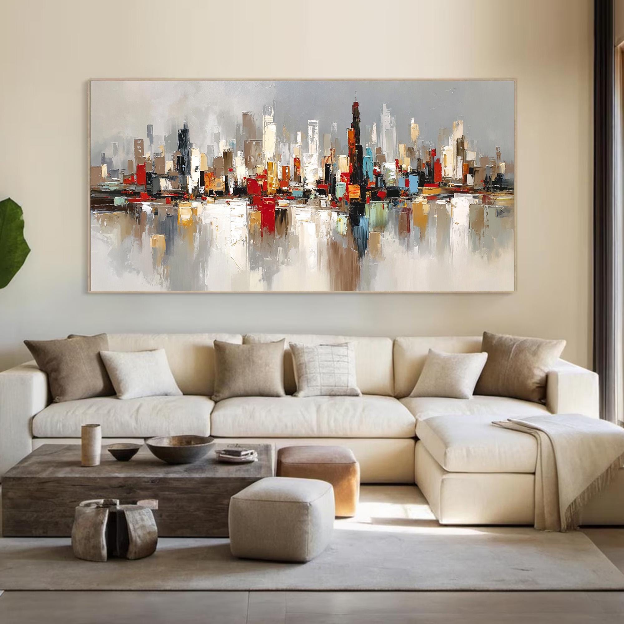 Large Abstract Cityscape Painting on Canvas, Textured Skyline Wall Art ...