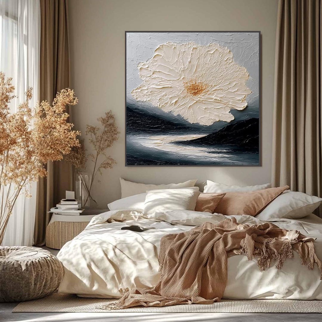 Large 3D Textured Wall Art, White Flower Painting on Canvas, Minimalist ...