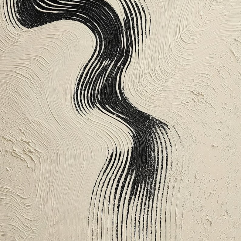 Textured Abstract Wavy Line Painting, Large Black White Canvas Art ...