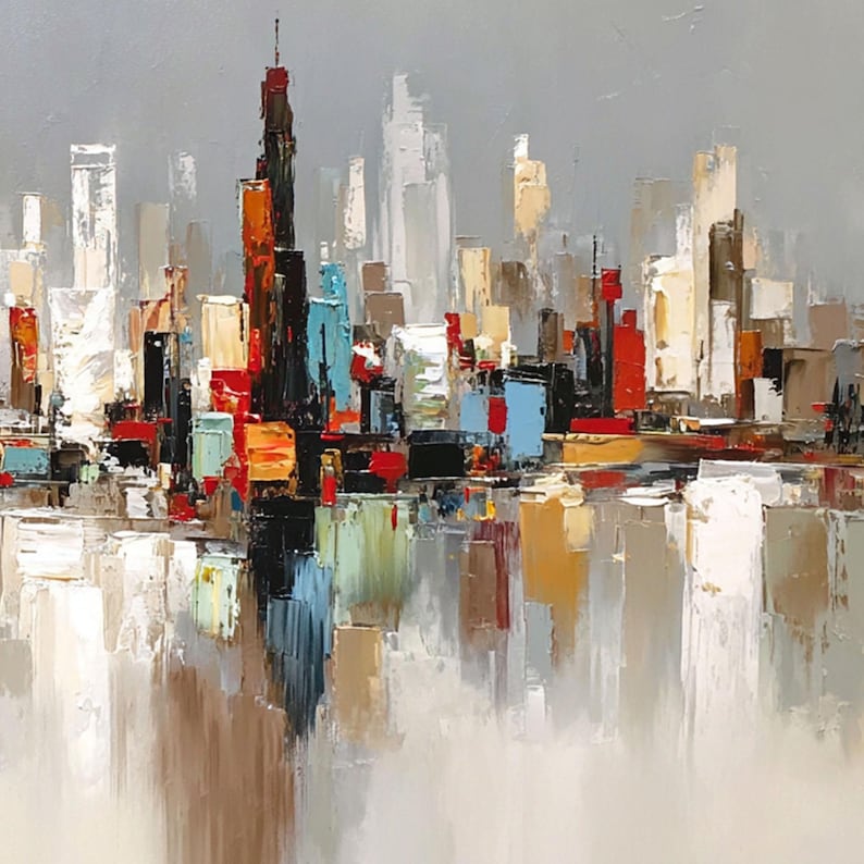 Large Abstract Cityscape Painting on Canvas, Textured Skyline Wall Art ...