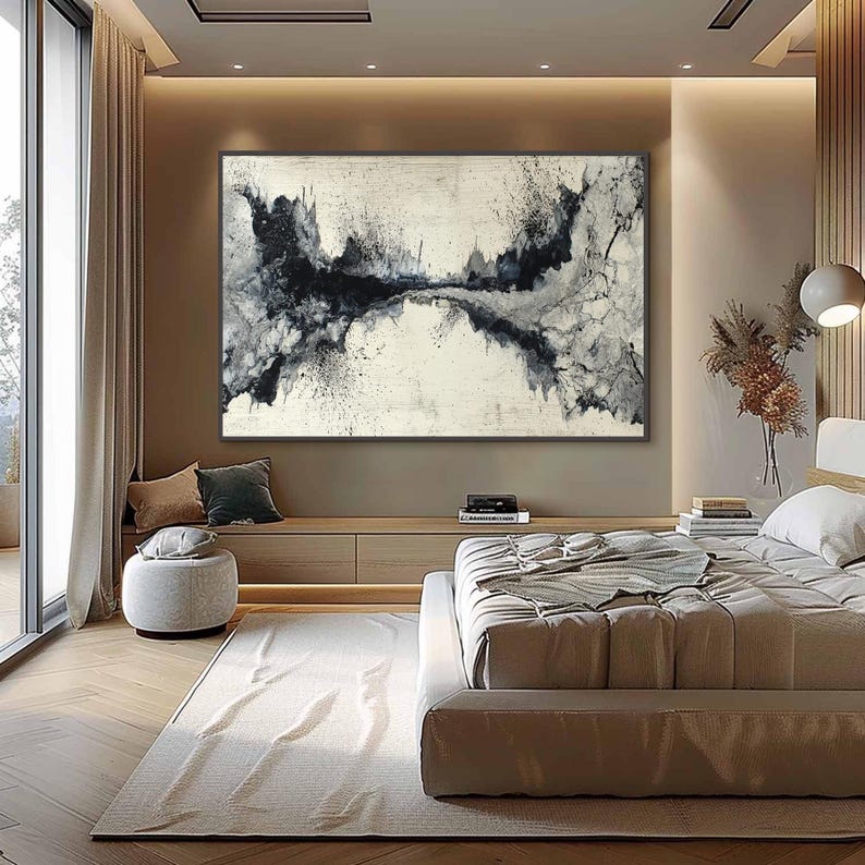 Textured Black and White Abstract Oil Painting, Modern Minimalist Wall ...