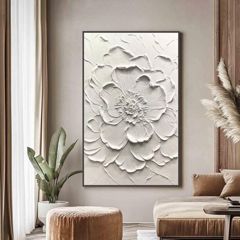Large 3D Flower Oil Painting on Canvas, Minimalist White Floral Art ...