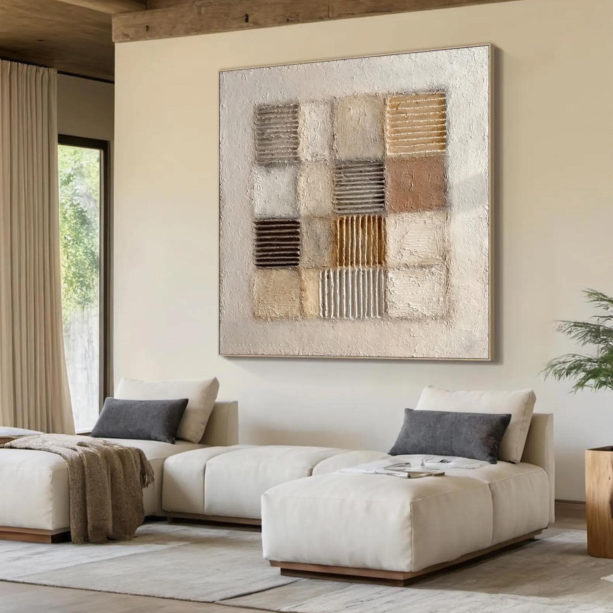 Textured Abstract Painting on Canvas, Geometric Earth Tones, Modern Art ...