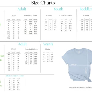 Peut inclure: Un tableau des tailles pour v&ecirc;tements incluant t-shirts, sweat-shirts, sweats &agrave; capuche et manches longues. Il affiche les mesures de largeur et de longueur en pouces pour les tailles adulte, jeune et enfant des marques Gildan et Comfort Colors.